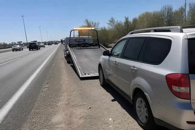Disabled vehicle hooked to a tow truck on a highway shoulder in Phoenix, AZ, with traffic in the background.