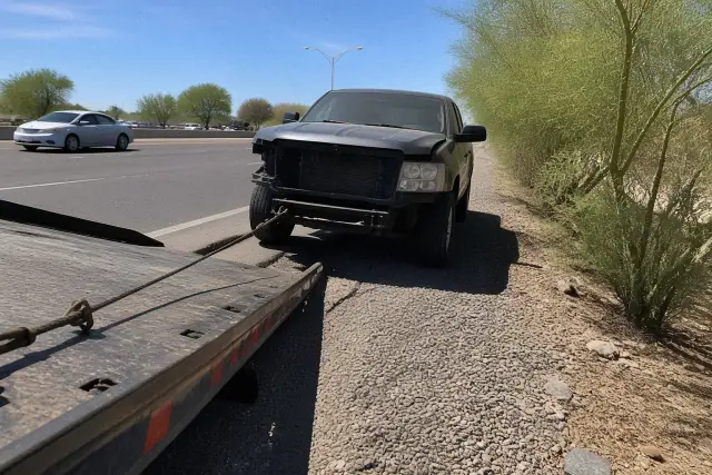 A disabled vehicle being recovered by a tow truck on a gravel highway shoulder in Phoenix, AZ.