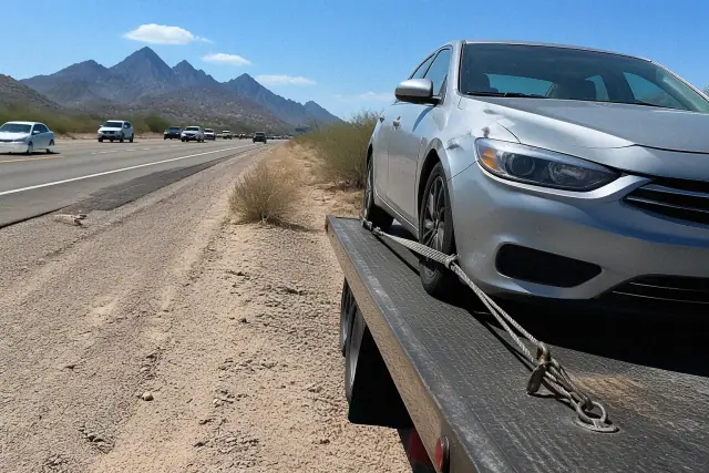 A disabled vehicle being loaded onto a flatbed tow truck on a roadside in Phoenix, AZ.