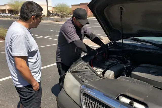 A technician performing alternator and starter checks on a vehicle in a Phoenix, AZ parking lot.