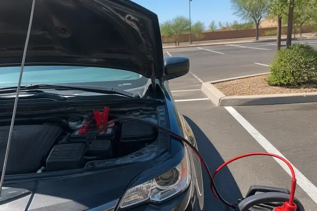 Jumper cables connected to a car battery with the hood open in a Phoenix, AZ parking lot.