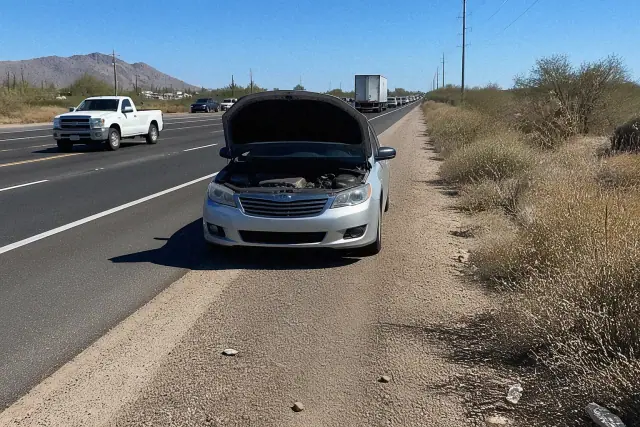 A vehicle blocking the highway shoulder next to desert brush and mountains in Phoenix, AZ.
