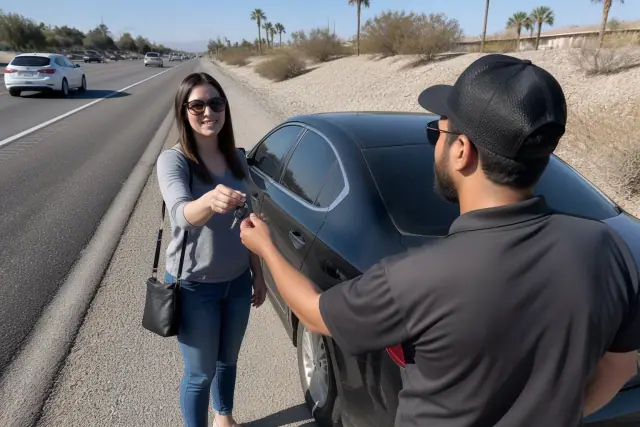 Technician returning keys to a driver at a disabled vehicle on a highway shoulder in Tempe, AZ.