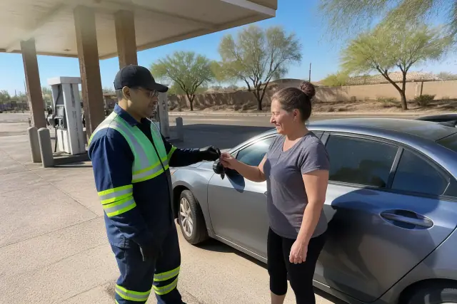 A technician returning keys to a car owner at a gas station in Glendale, AZ.