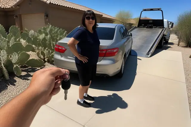 A tow truck technician holding a key ring near a car on a driveway in Avondale, AZ, with prickly pear cacti in the yard.