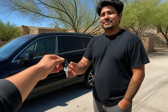 Technician handing keys to a customer next to a car on a driveway in Goodyear, AZ.