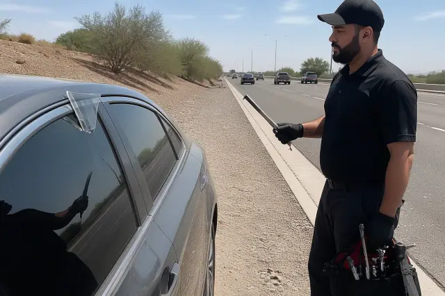 Technician using a lockout kit to open a car on a roadside in Phoenix, AZ.