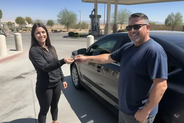 Technician returning keys to a car owner at a service station in Surprise, AZ.