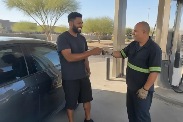 A technician returns car keys to a customer at a service station in Mesa, AZ after a vehicle lockout service.