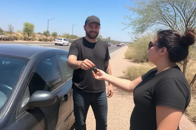 Technician returning keys to a customer after a car lockout service on a roadside in Chandler, AZ.