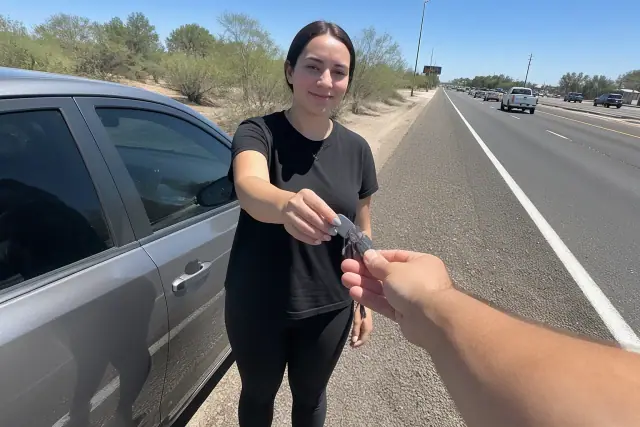 A technician returning car keys to a customer beside their vehicle on a gravel shoulder in Gilbert, AZ.