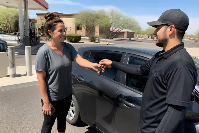 Technician handing keys back to a car owner at a gas station in Scottsdale, AZ.