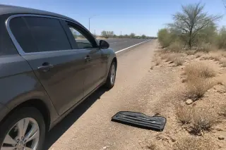 Specialized car lockout tool kit on the gravel shoulder of a Phoenix, AZ highway next to an unlocked vehicle.