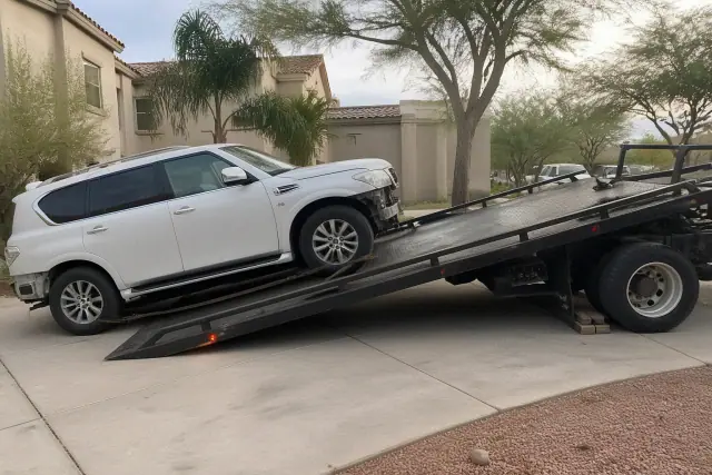 A tow truck winching a vehicle onto a hydraulic bed at a residential driveway in Phoenix, AZ.