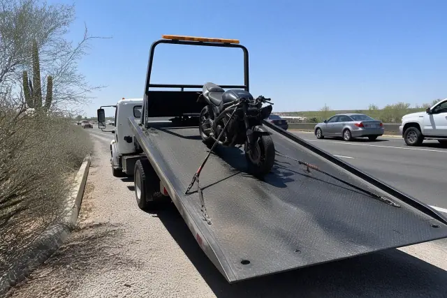 A damaged motorcycle secured to a flatbed tow truck on a desert roadside in Phoenix, AZ, with traffic in the background.