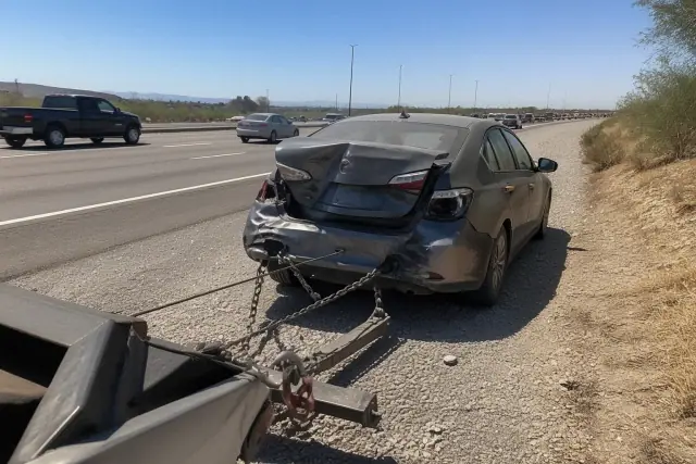 Disabled vehicle being recovered on a highway shoulder with winch cables in Phoenix, AZ.