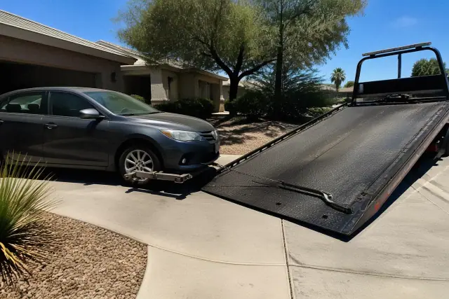 A vehicle on a concrete driveway in Phoenix, AZ, being winched onto a tow truck bed in a residential setting.