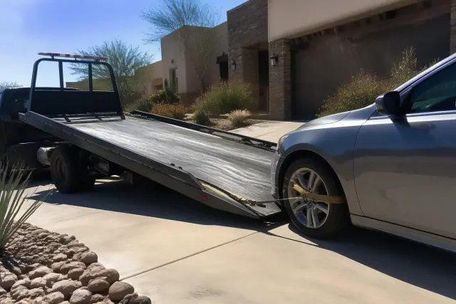 Vehicle secured with nylon tie-down straps on a flatbed tow truck in a driveway in Phoenix, AZ.