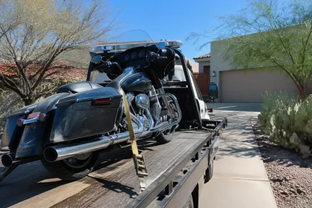 Motorcycle being loaded onto a tow truck on a driveway in Phoenix, AZ, with desert landscaping in the background.