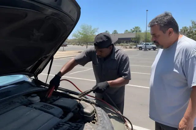 Technician connecting jumper cables to a vehicle battery in a shopping center parking lot in Phoenix, AZ.