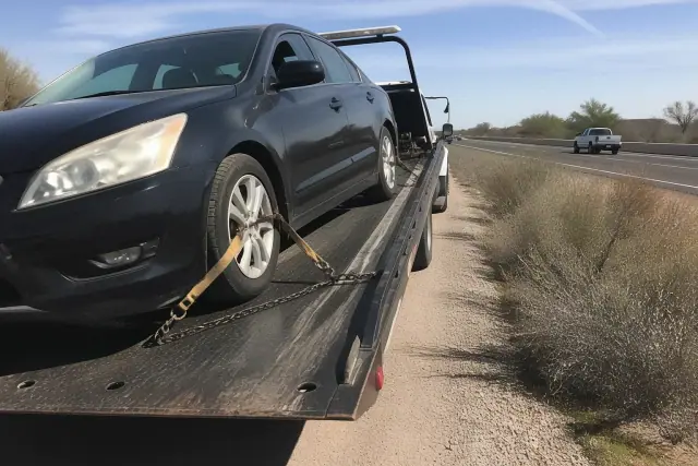A disabled vehicle secured on a flatbed tow truck on a gravel shoulder in Phoenix, AZ.