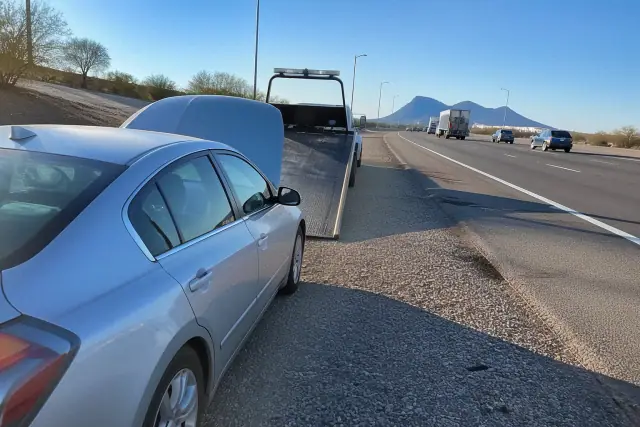 A disabled vehicle parked on the gravel shoulder of a highway in Surprise, AZ, with desert mountains in the background.