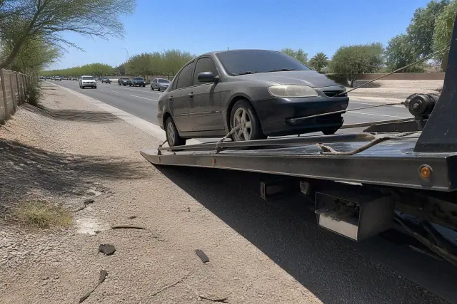 A passenger car being winched onto a flatbed tow truck on a gravel roadside in Glendale, AZ.