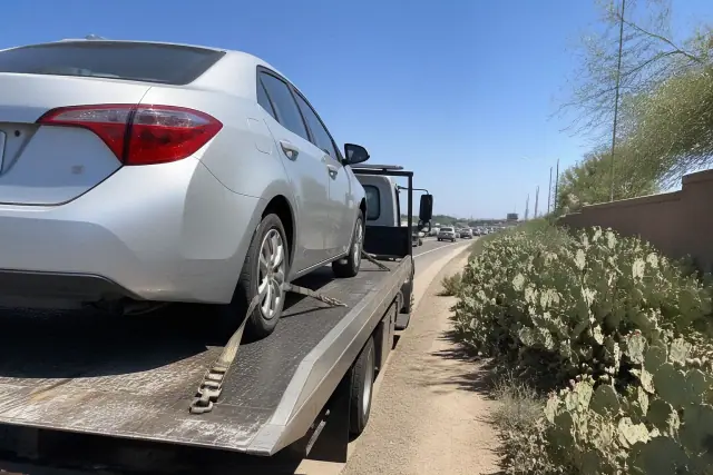 A disabled vehicle secured to a tow truck on a highway shoulder in Tempe, AZ, with cacti and desert sunlight.