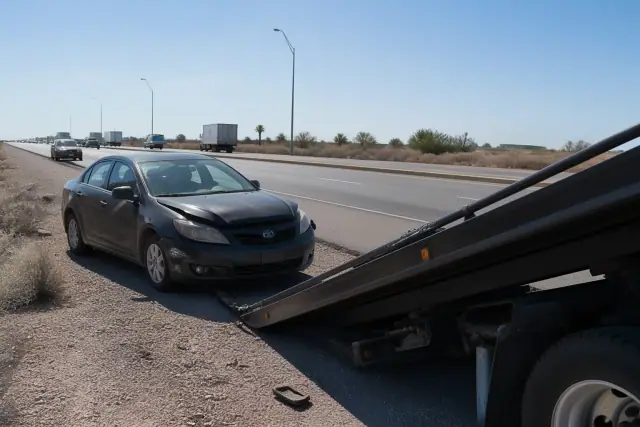 Disabled vehicle on a highway shoulder being loaded onto an emergency towing truck in Mesa, AZ.