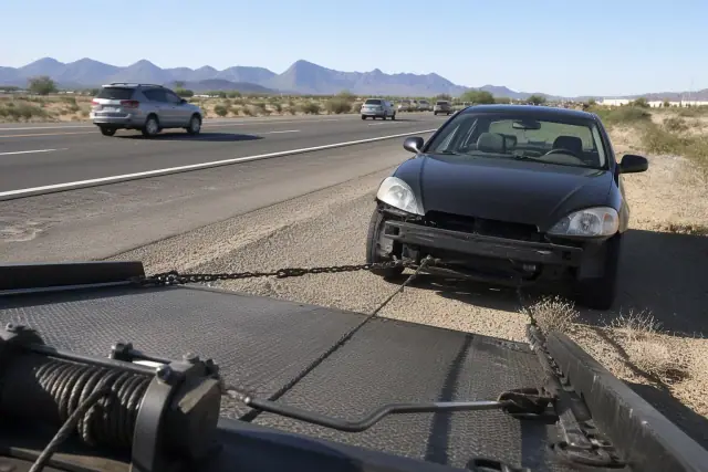 A tow truck operator securing a disabled car to a flatbed on a roadside in Avondale, AZ with desert mountains behind.