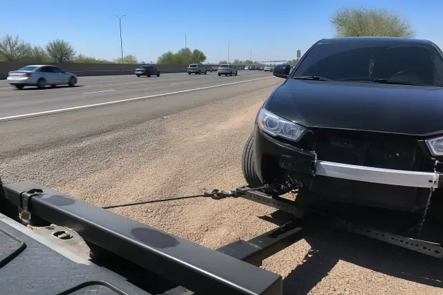 A disabled vehicle being winched onto a tow truck on a highway shoulder in Gilbert, AZ.