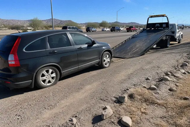 Emergency towing truck loading a disabled car on a roadside shoulder in Scottsdale, AZ with mountains in the background.