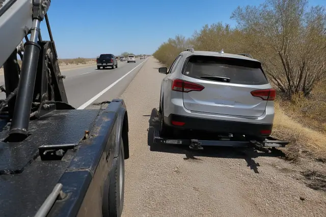 A disabled vehicle with hydraulic towing equipment on a highway shoulder in Phoenix, AZ.