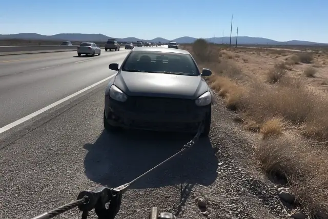 Disabled vehicle being recovered by a tow truck on a highway shoulder in Phoenix, AZ.