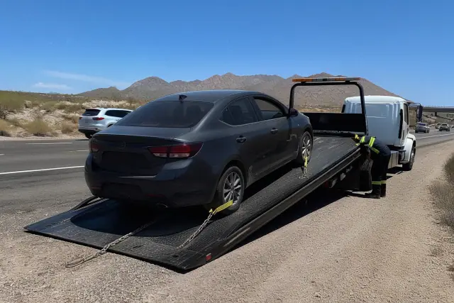 A flatbed tow truck securing a disabled vehicle on a highway shoulder in Peoria, AZ.