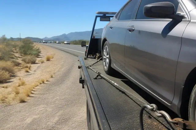 A disabled vehicle being secured to a tow truck bed on a highway shoulder in Goodyear, AZ.