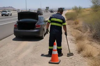 Technician using a broom to clear debris near a disabled vehicle on a Phoenix, AZ highway shoulder.