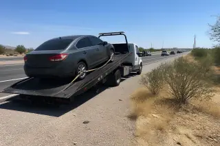 Disabled vehicle secured with straps on a flatbed tow truck on a desert highway shoulder in Phoenix, AZ.