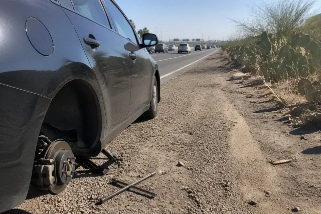 A car with a flat tire being repaired on the shoulder of a highway in Phoenix, AZ.