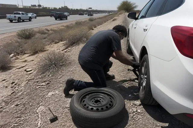Flat tire assistance being performed on a vehicle parked on the I-10 shoulder in Phoenix, AZ.