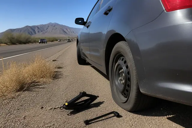 A flat tire on a vehicle parked on the gravel shoulder of a Phoenix, AZ roadway with mountains in the background.