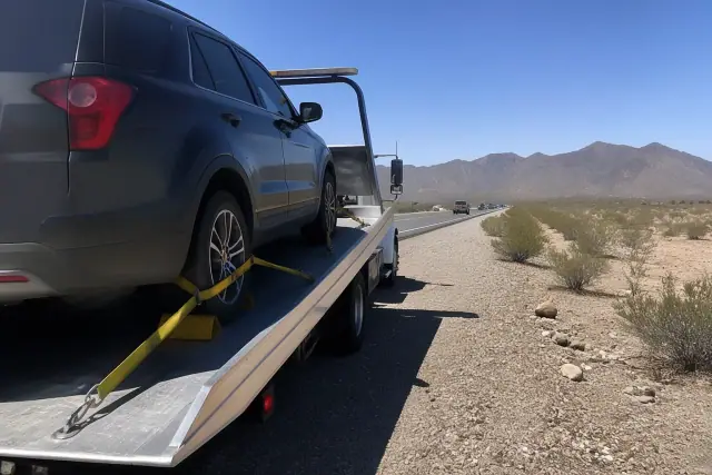 Flatbed truck with a secured vehicle on a highway shoulder in Phoenix, AZ.