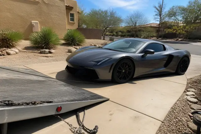A low-clearance vehicle on a residential driveway in Phoenix, AZ, positioned for flatbed loading.