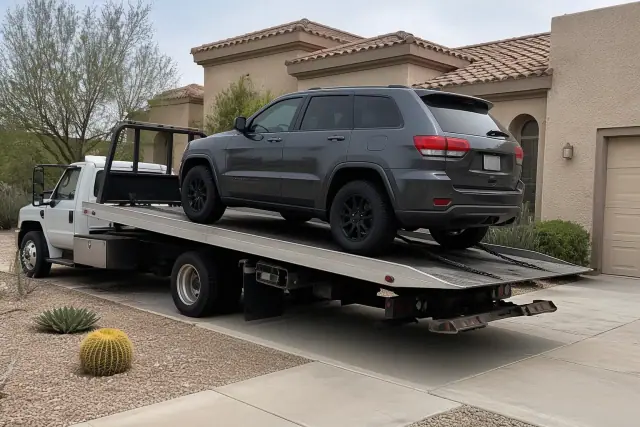 All-wheel-drive vehicle being loaded onto a flatbed tow truck at a residential driveway in Phoenix, AZ.