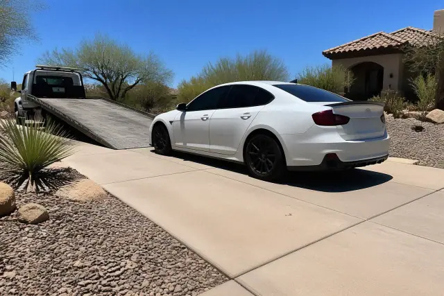 A lowered car on a flatbed tow truck in a residential driveway in Phoenix, AZ.