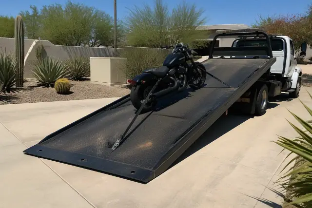 Motorcycle securely strapped to a flatbed tow truck on a residential driveway in Phoenix, AZ.