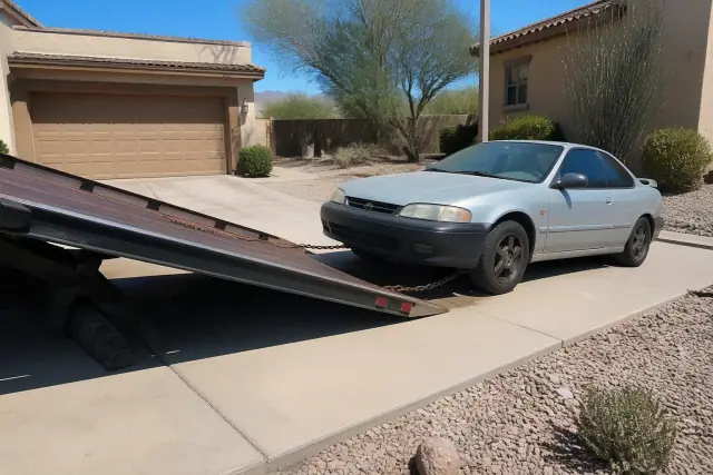 Vehicle being winched onto a flatbed tow truck in a residential driveway in Phoenix, AZ.