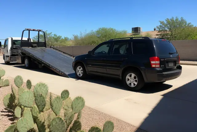 A vehicle being winched onto a flatbed tow truck on a sunny residential driveway in Phoenix, AZ.