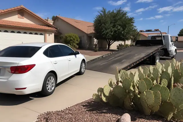 A vehicle on a concrete driveway in Mesa, AZ, being winched onto a flatbed tow truck near a house with cacti.
