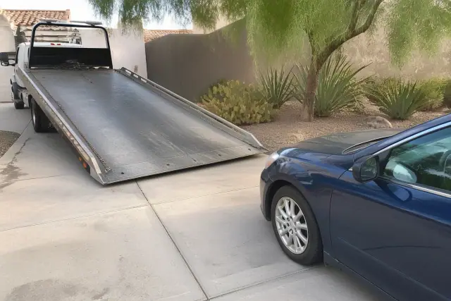 A vehicle on a concrete driveway being winched onto a flatbed tow truck in Peoria, AZ.